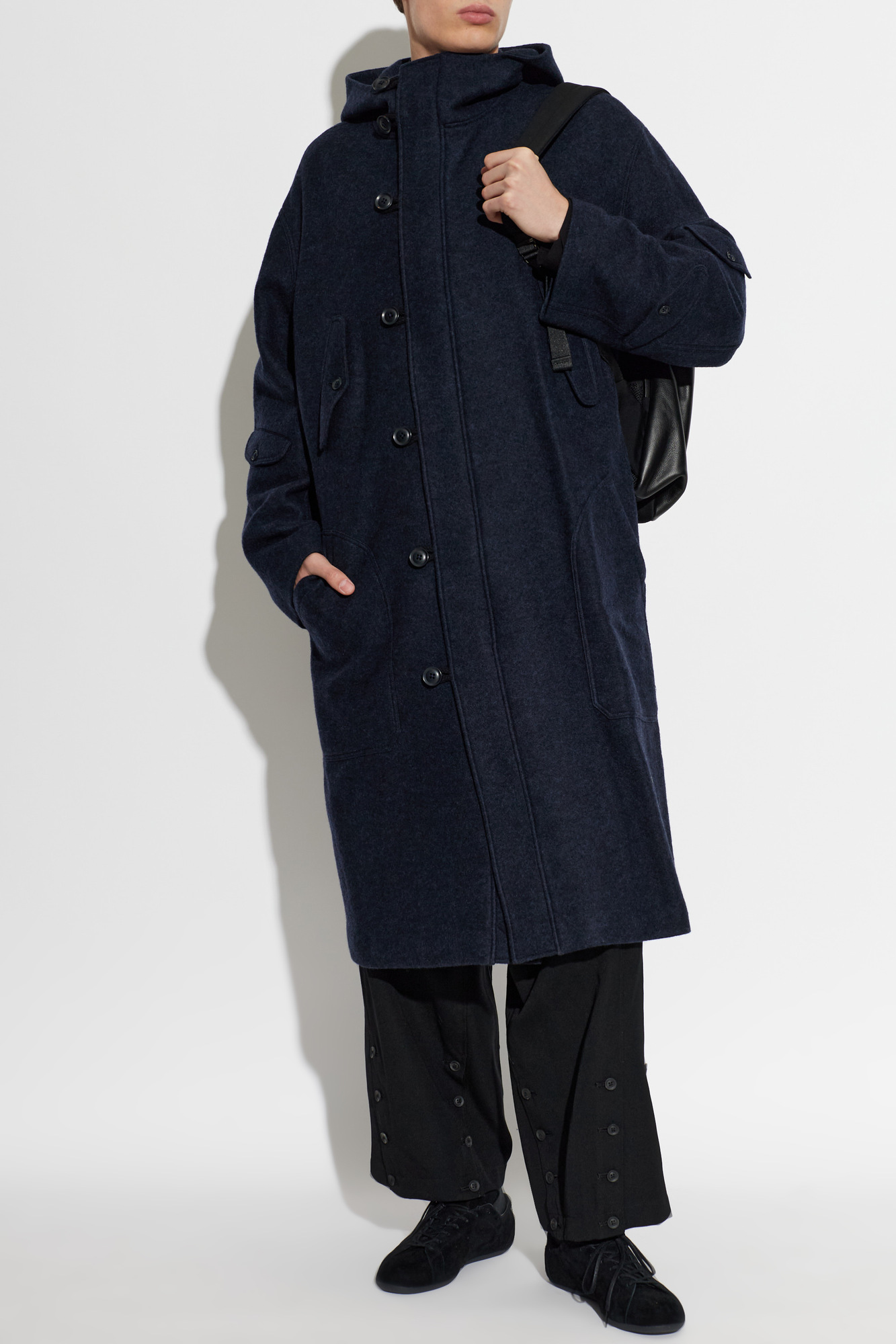 ジャケット・アウター Yohji Yamamoto WOOL JERSEY HOODED COAT Navy blue Wool coat with hood Yohji Yamamoto - Vitkac France